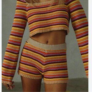 Yellow the Label Retro Cropped Boho Knit Sweater Size Small